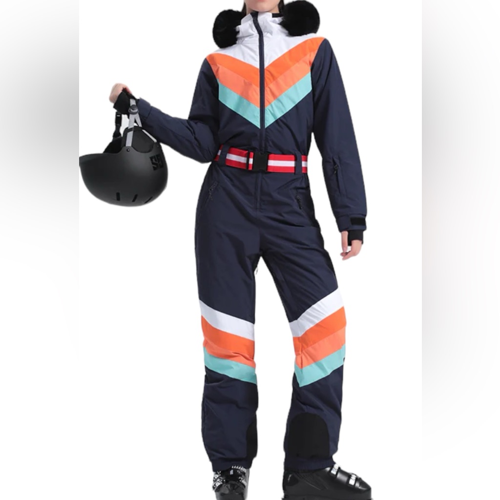 Nwt- Gsou Snow Women's Unisex Color Block Retro Style One Piece Ski Suit Navy